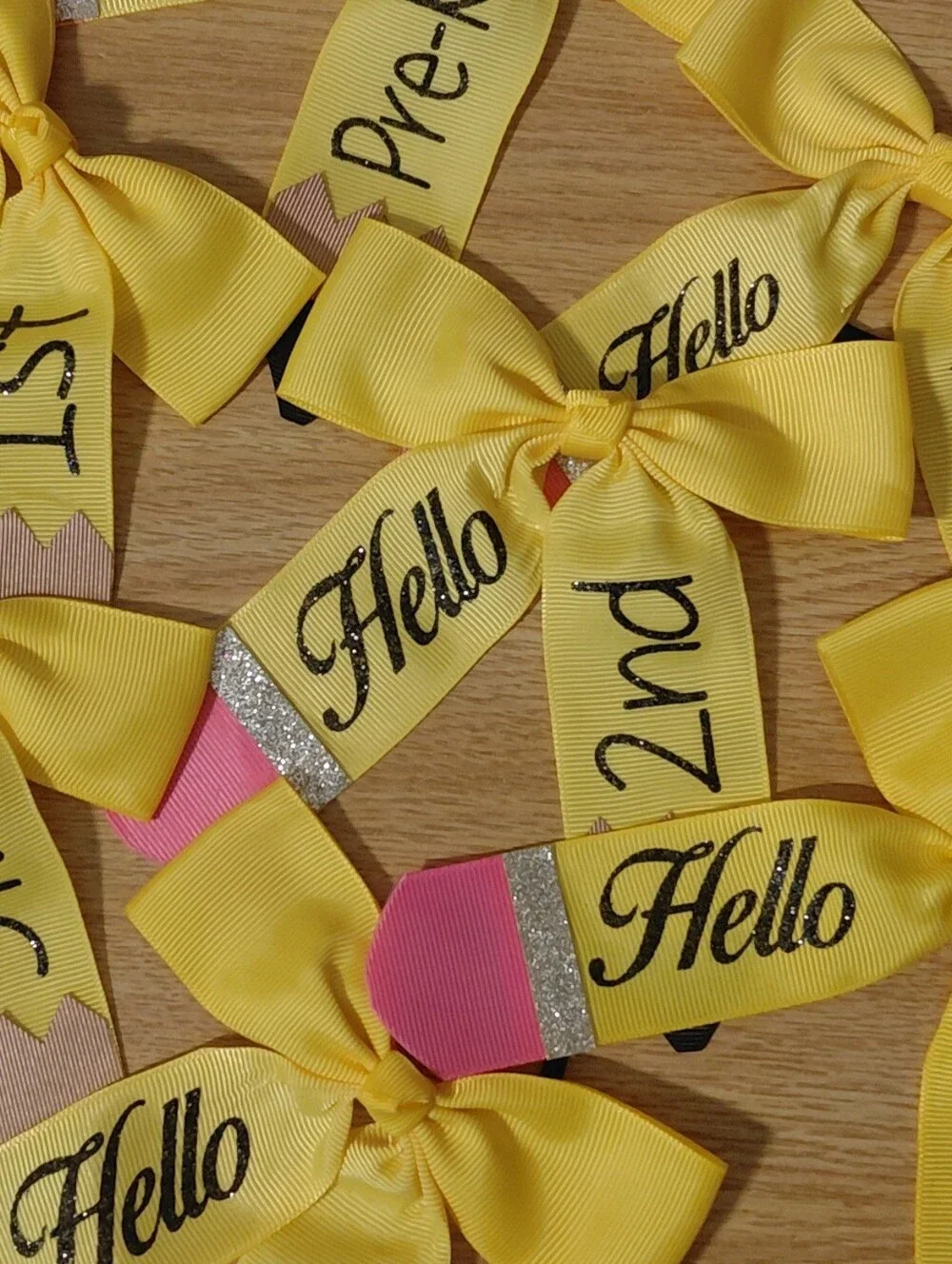 Back To School Yellow, Pink, Black & Silver Bow W/Elastic Hair Tie Personalized